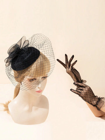 1pc Women Fashion Mesh Flower Decor Elegant Hat & 1Pair Full Finger Gloves