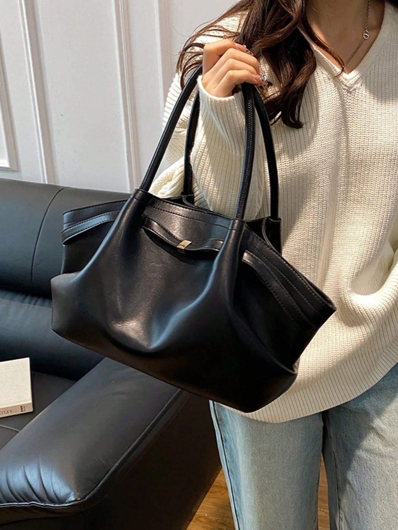 1 Pc Women's Large Capacity Handbag Vintage Lizard Texture PU Leather