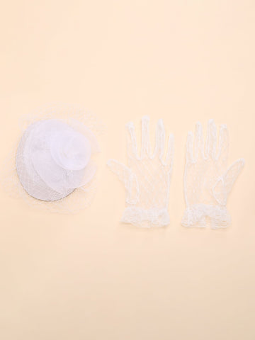 1pc Women Fashion Mesh Flower Decor Elegant Hat & 1Pair Full Finger Gloves