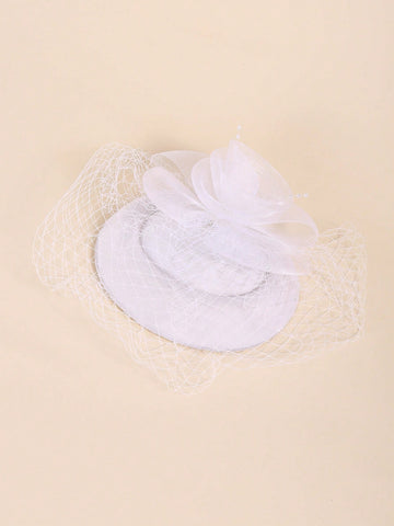 1pc Women Fashion Mesh Flower Decor Elegant Hat & 1Pair Full Finger Gloves