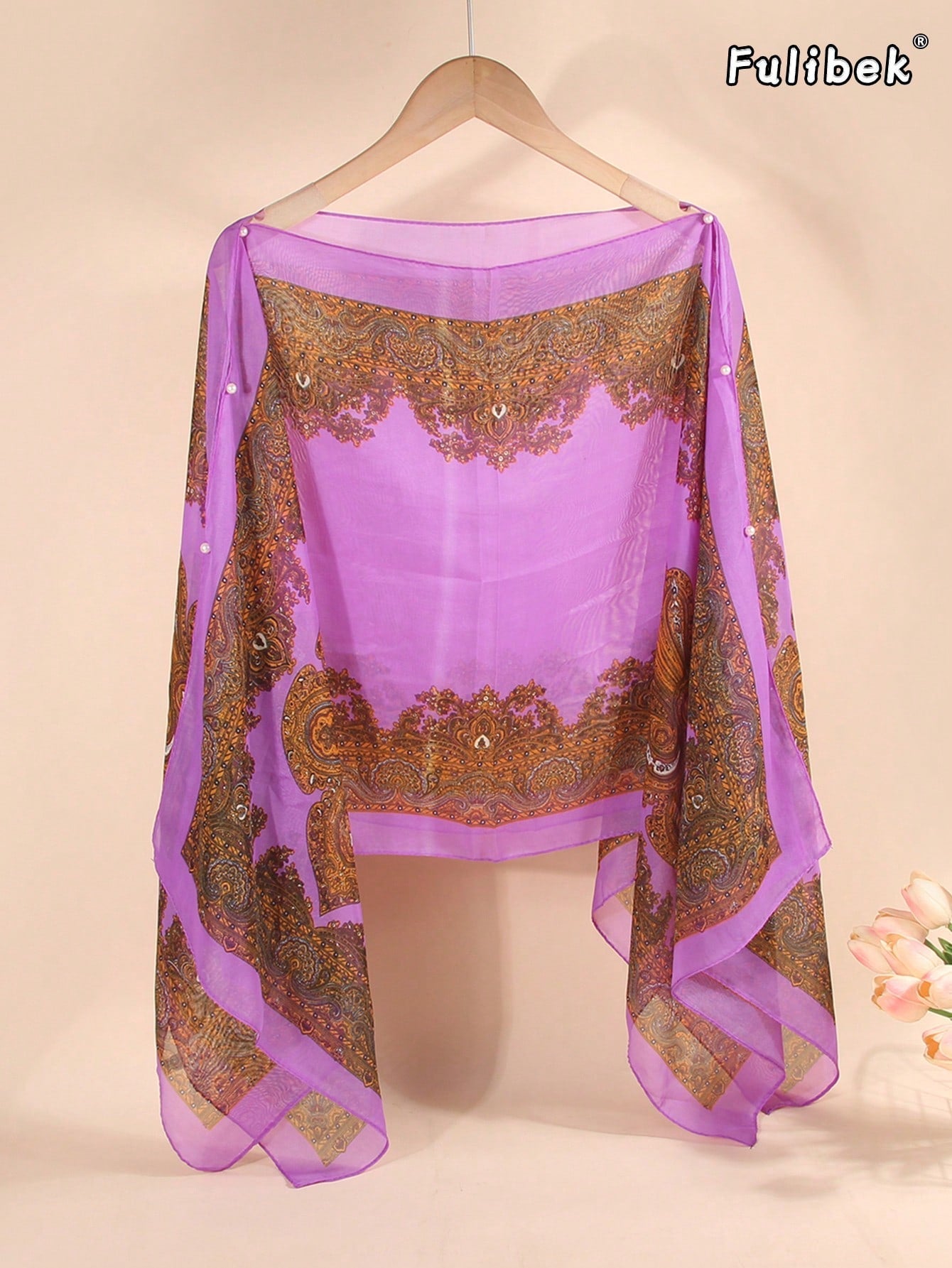 Vintage Paisley Print Versatile Loose Fit Pearl Button Scarf Shawl shein