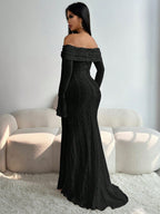 Sexy Slit Lace Hollow-Out Tie-Up Off-Shoulder Long Sleeve Fitted Fishtail Dress shein