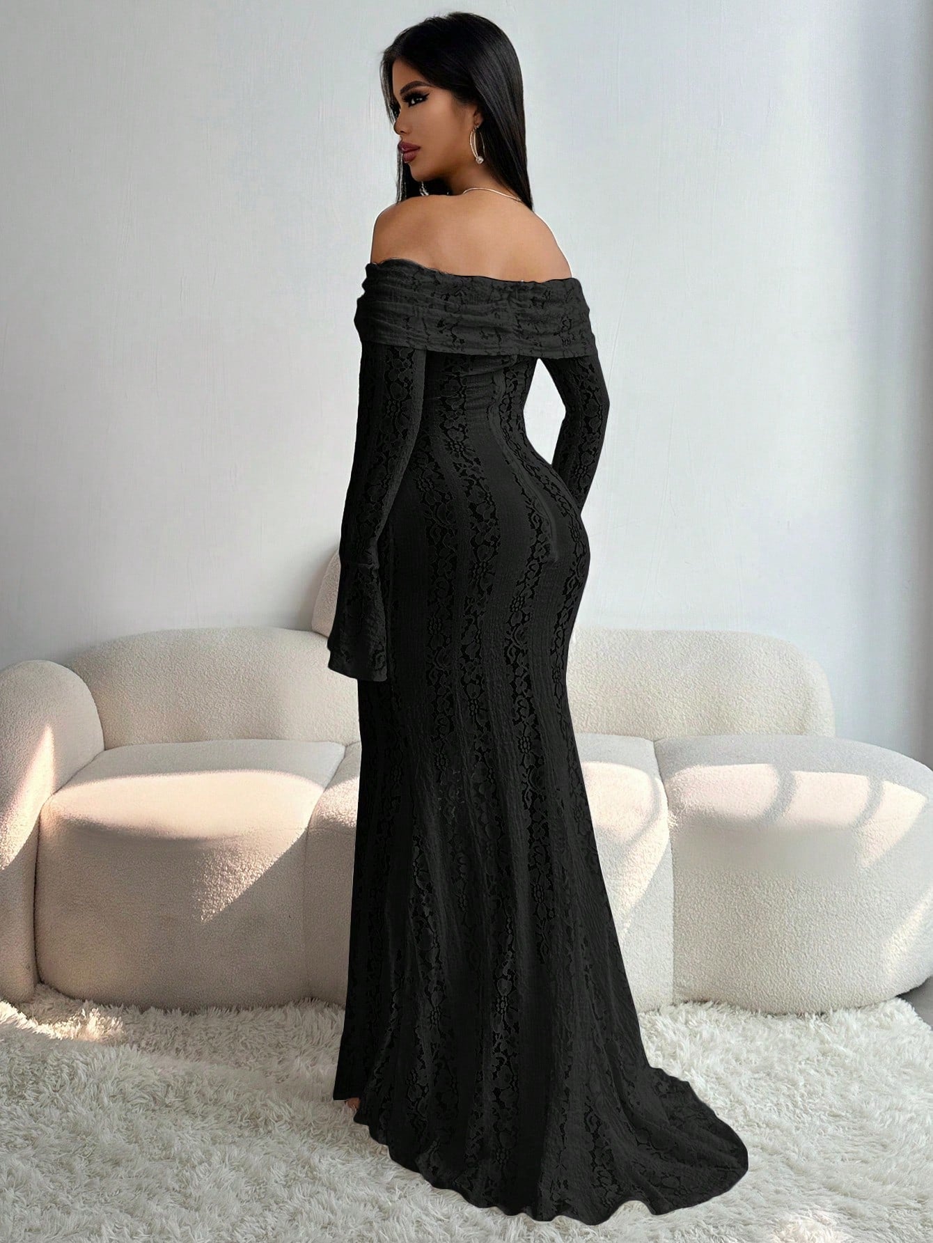 Sexy Slit Lace Hollow-Out Tie-Up Off-Shoulder Long Sleeve Fitted Fishtail Dress shein