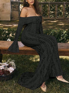 Sexy Slit Lace Hollow-Out Tie-Up Off-Shoulder Long Sleeve Fitted Fishtail Dress shein