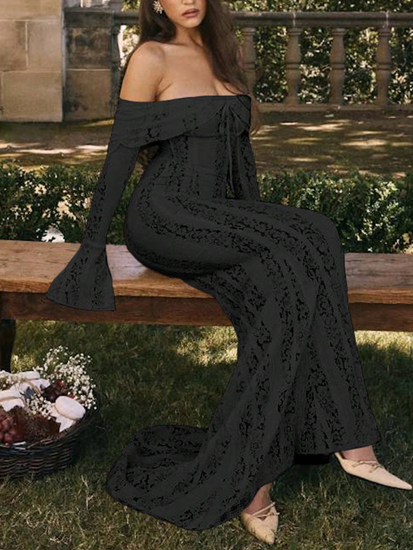 Sexy Slit Lace Hollow-Out Tie-Up Off-Shoulder Long Sleeve Fitted Fishtail Dress shein