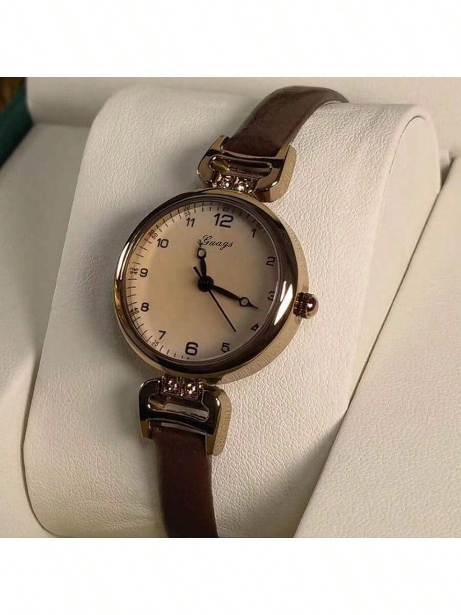 1pc Women's PU Leather Strap Round Digital Small Dial Vintage British Style Niche Luxury Quartz Watch