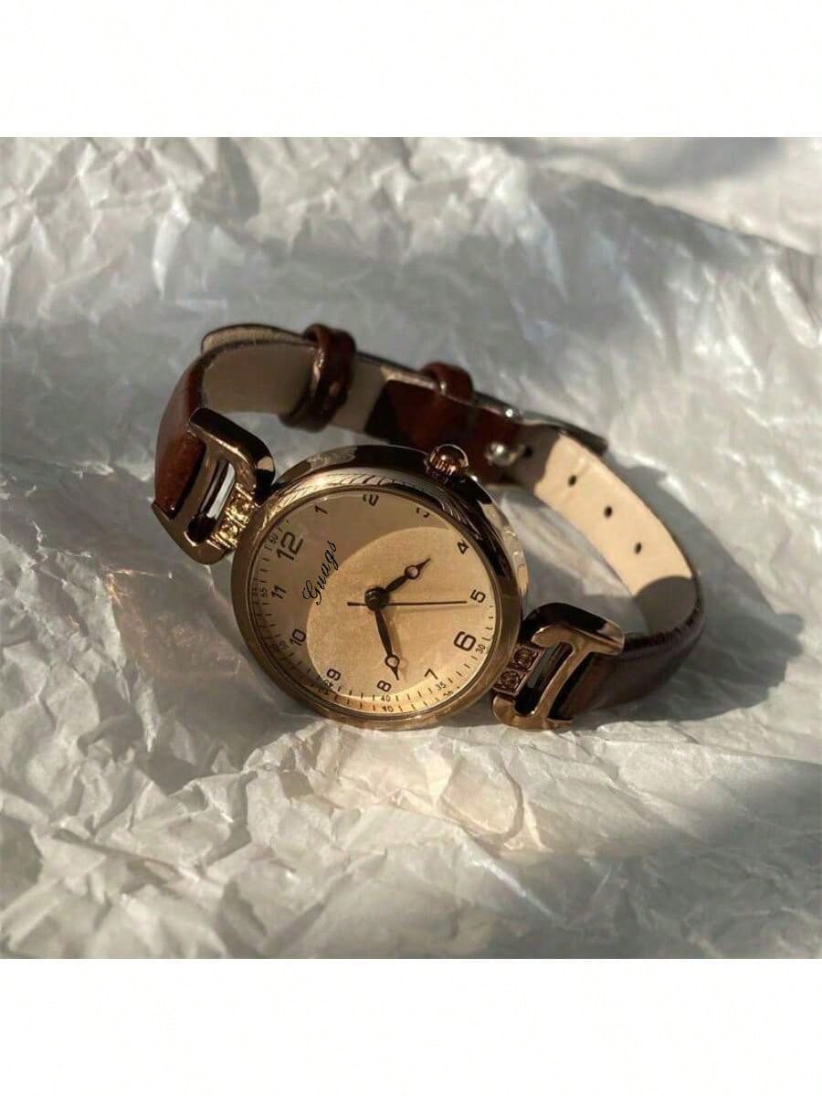 1pc Women's PU Leather Strap Round Digital Small Dial Vintage British Style Niche Luxury Quartz Watch