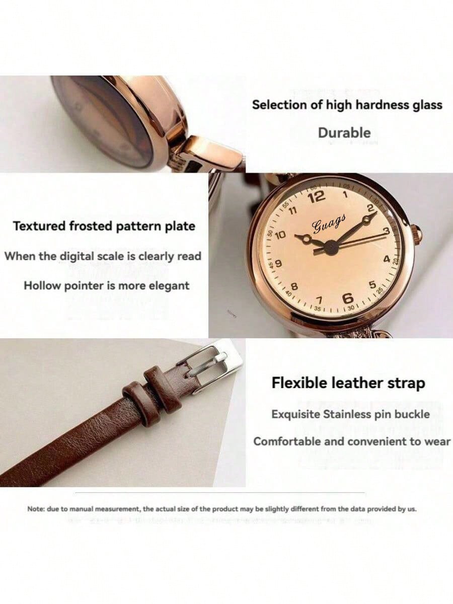 1pc Women's PU Leather Strap Round Digital Small Dial Vintage British Style Niche Luxury Quartz Watch