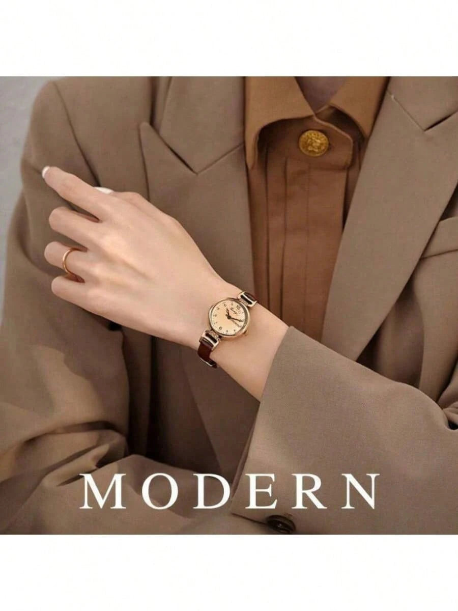 1pc Women's PU Leather Strap Round Digital Small Dial Vintage British Style Niche Luxury Quartz Watch