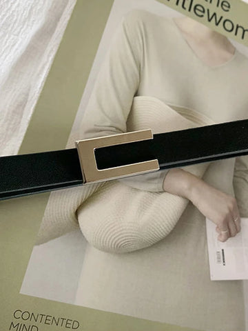 1pc Women's Thin Belt With Gold Buckle