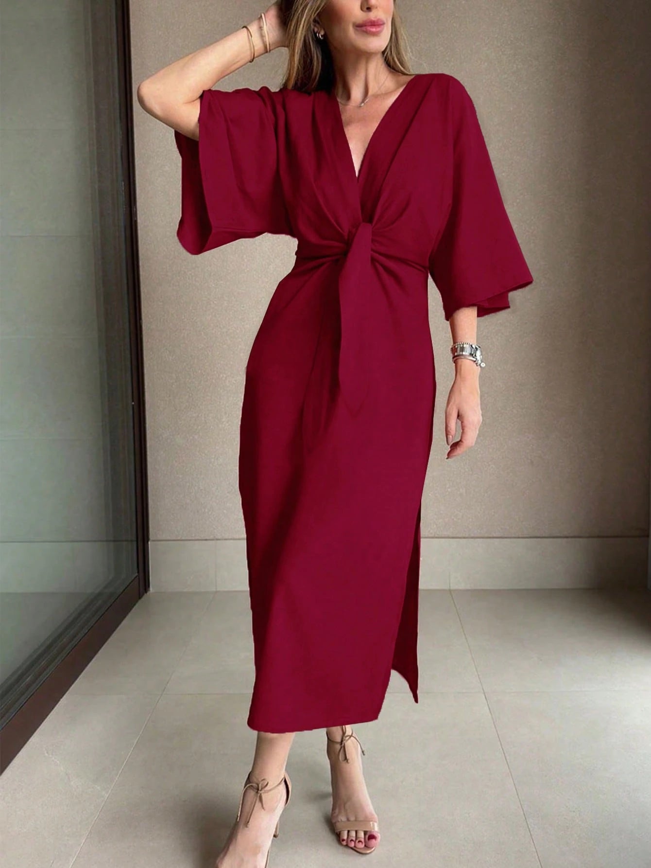 Women's Solid Color Waist Knot 3/4 Sleeve Elegant Midi Dress shein