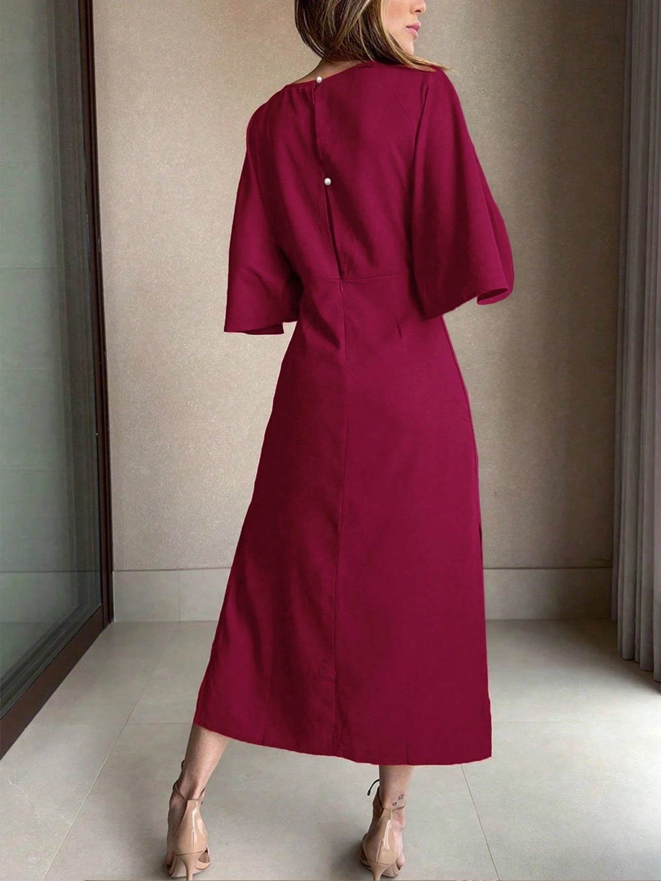 Women's Solid Color Waist Knot 3/4 Sleeve Elegant Midi Dress shein