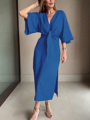 Women's Solid Color Waist Knot 3/4 Sleeve Elegant Midi Dress