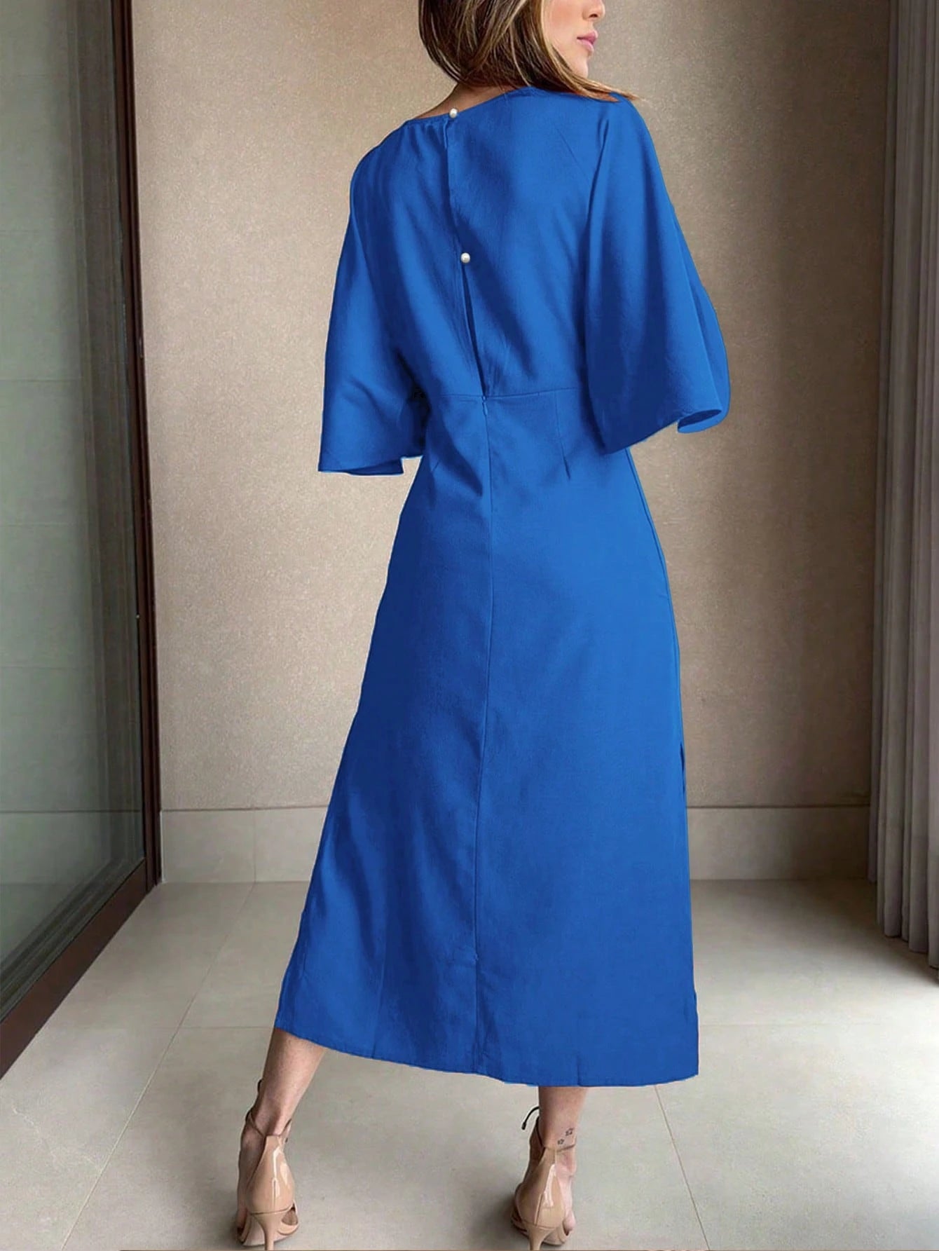 Women's Solid Color Waist Knot 3/4 Sleeve Elegant Midi Dress shein