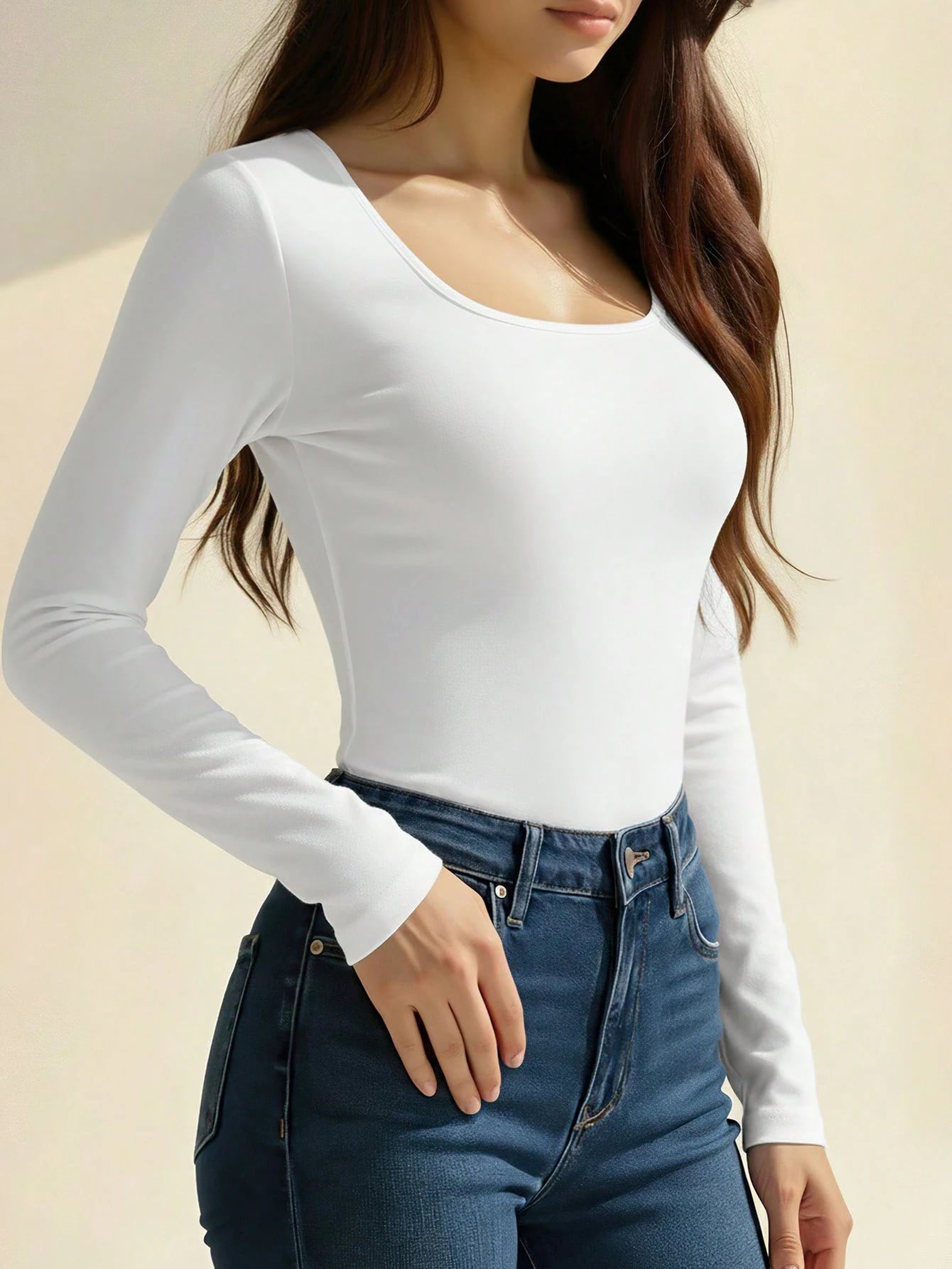 1pc Women's Solid Color Square Neck Slim Fit Long Sleeve Top shein