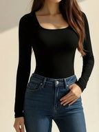 1pc Women's Solid Color Square Neck Slim Fit Long Sleeve Top