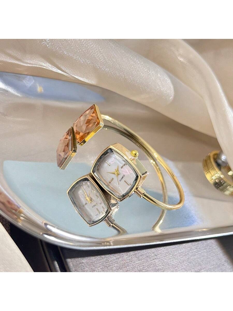 1pc Women's Square Rhinestone Slim Bangle Watch