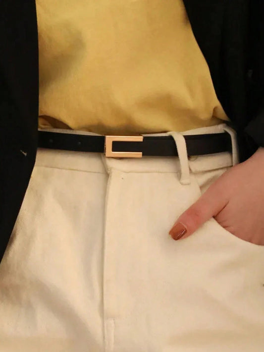 1pc Women's Thin Belt With Gold Buckle