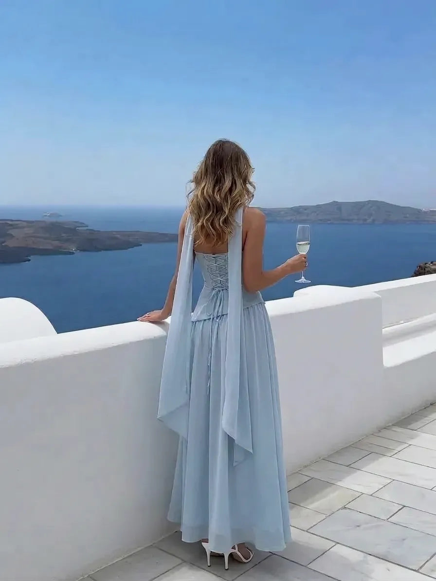 Chiffon Sculptural Halter Neckline Lace Up Maxi Bobycon Dress With Scarf Cider