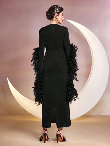 Modely Women's Extra Long Sleeve Patchwork Turkey Feather & Real Fur Back Slit Dress shein