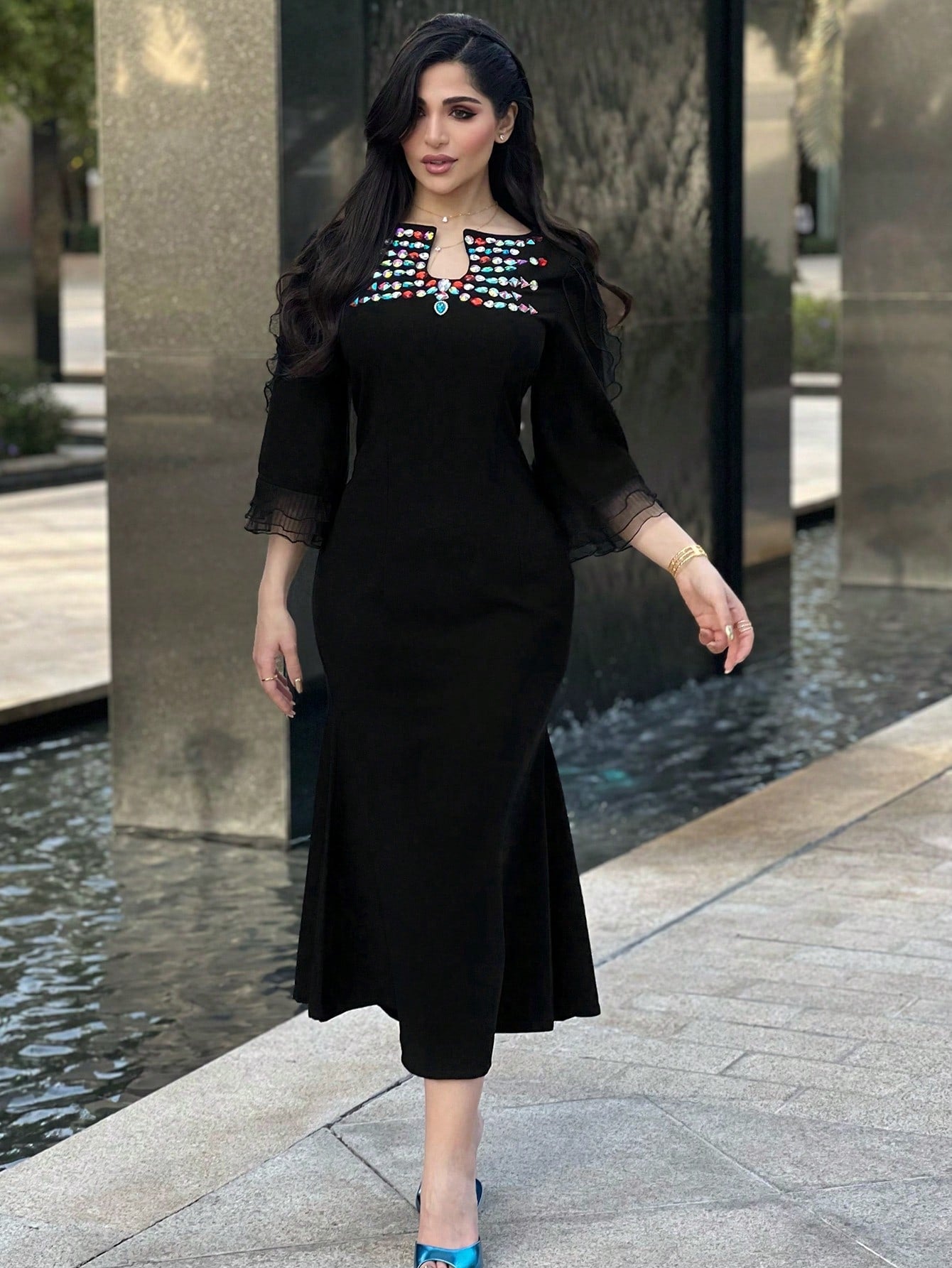 Modely Black Dress With Rhinestone Details, Notched Collar, Flare Sleeve shein