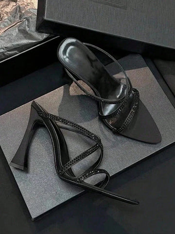 Rhinestone Decorated Satin Peep Toe Sexy Criss-Cross Strap High Heel Sandals