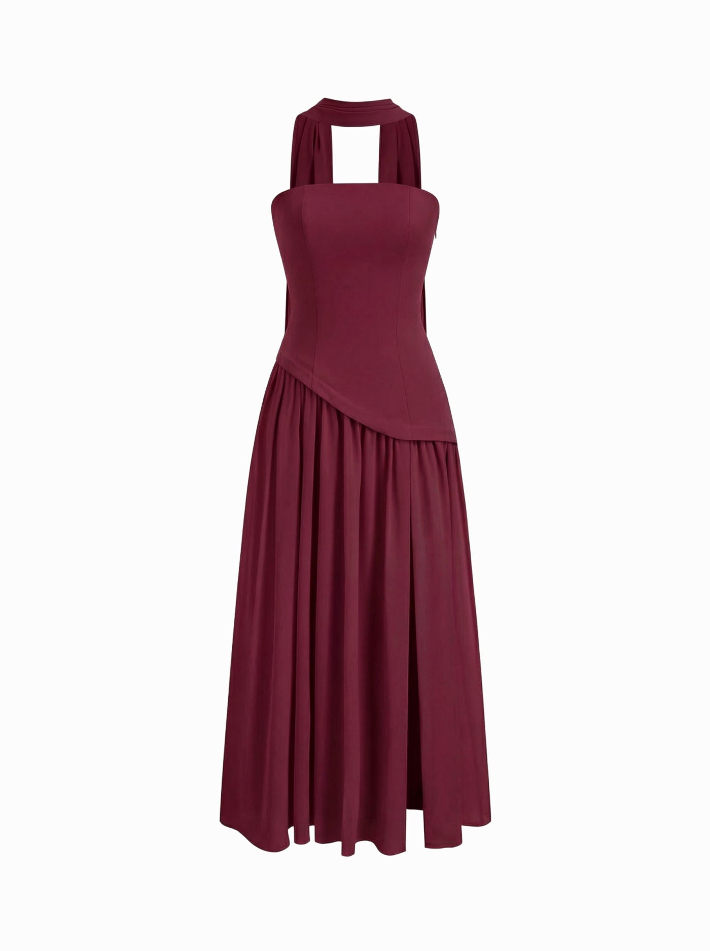 Chiffon Sculptural Halter Neckline Lace Up Maxi Bobycon Dress With Scarf Cider