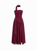 Chiffon Sculptural Halter Neckline Lace Up Maxi Bobycon Dress With Scarf Cider