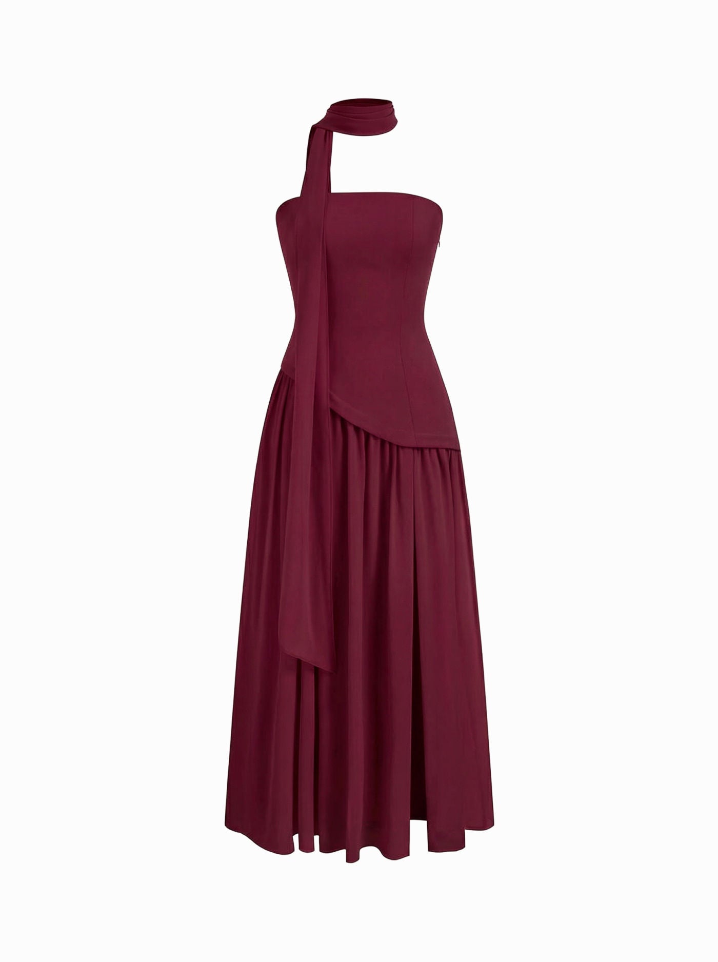 Chiffon Sculptural Halter Neckline Lace Up Maxi Bobycon Dress With Scarf Cider