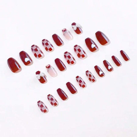 24PCS 1BOX Red Bow Gold Powder Checkerboard Fake Nails shein