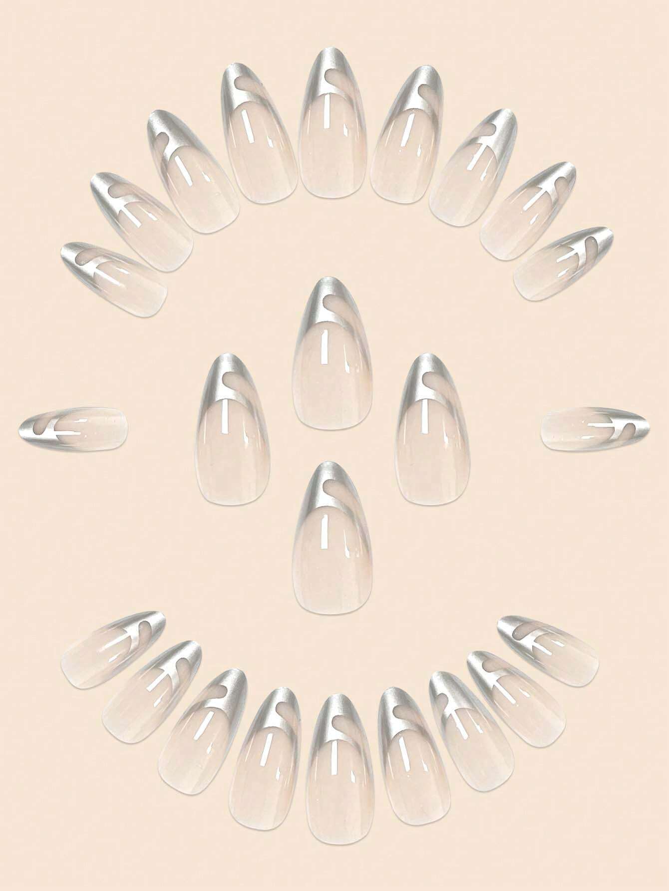 24pcs Almond Shaped False Nail With Silver Glitter French Nail Art Design shein