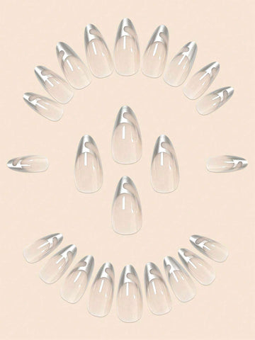 24pcs Almond Shaped False Nail With Silver Glitter French Nail Art Design shein