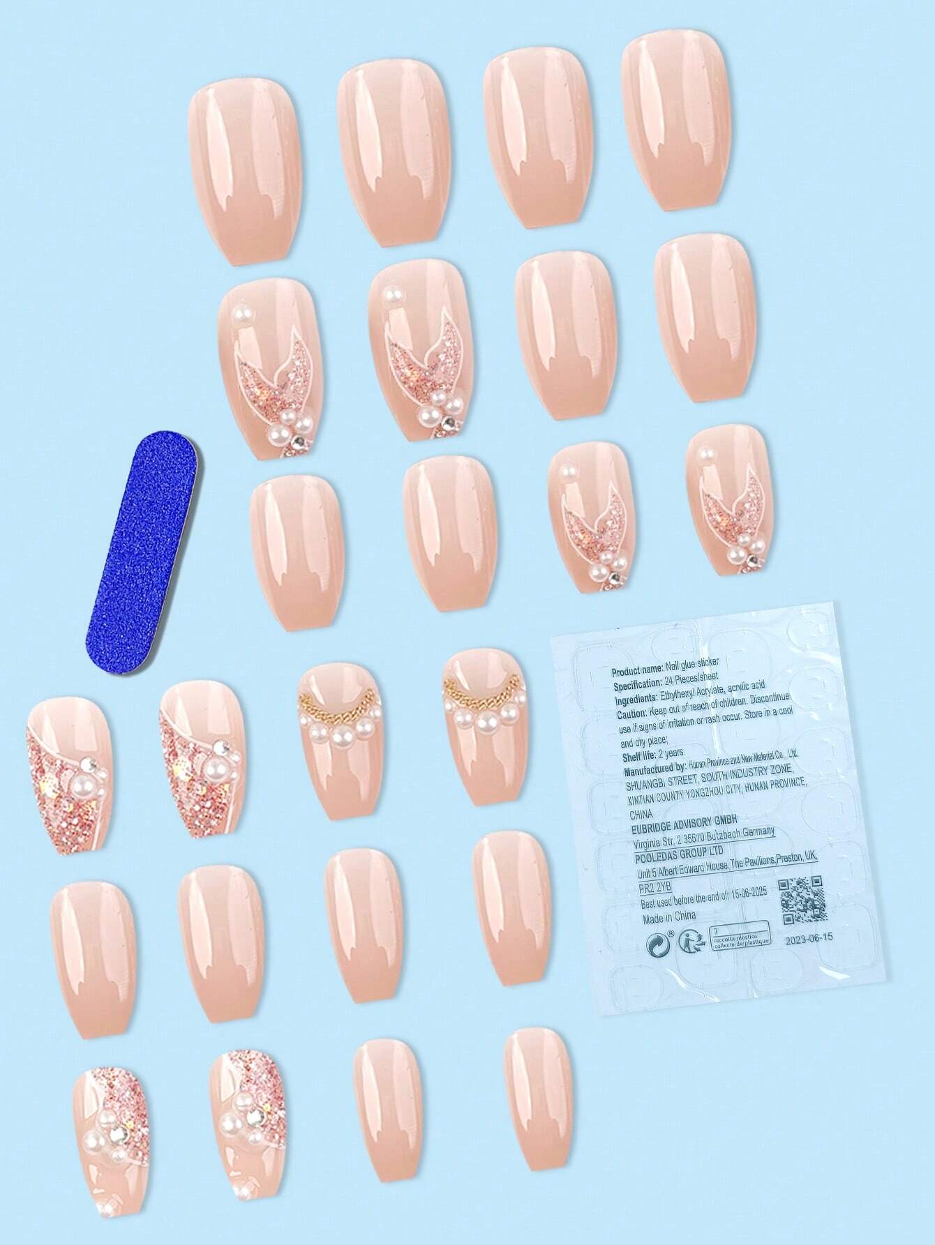 24pcs Coffin Shaped False Nail Tips With Stylish Pearl Decoration shein