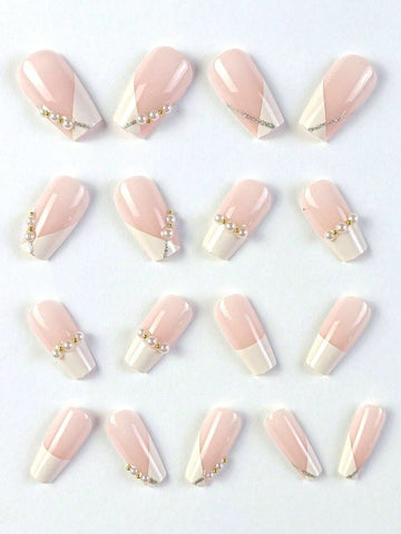 24pcs Coffin Shaped False Nail Tips With Stylish Pearl Decoration shein