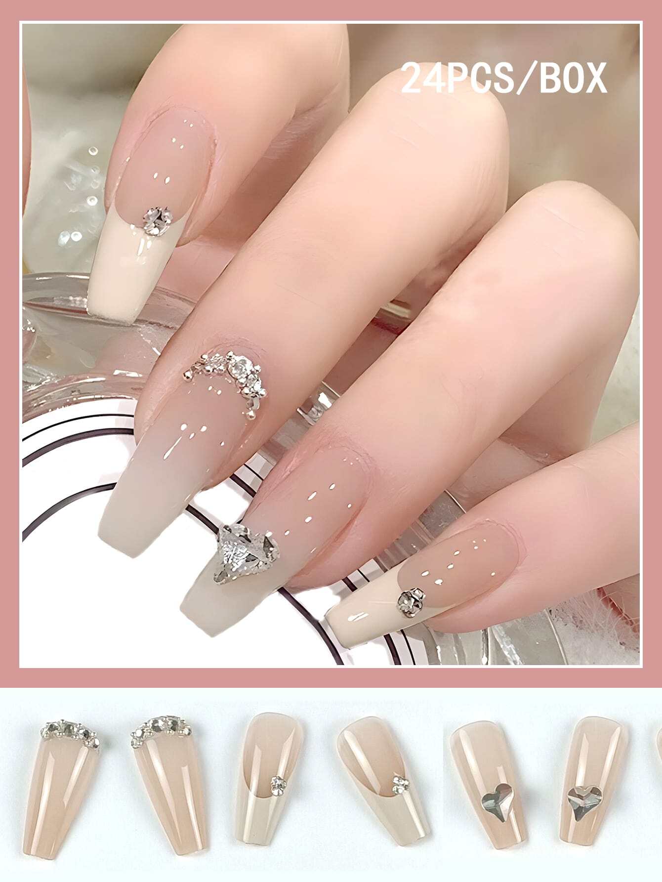 24pcs Coffin Shaped False Nail Tips With Stylish Pearl Decoration shein