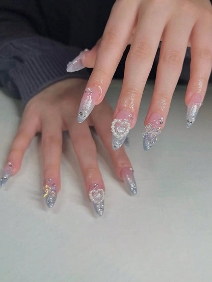24pcs Set Almond Shaped, Gradient, 3d, Pearl & Heart Shaped, Handmade, Point Drill, Wearable, False Nails For Nail Art shein