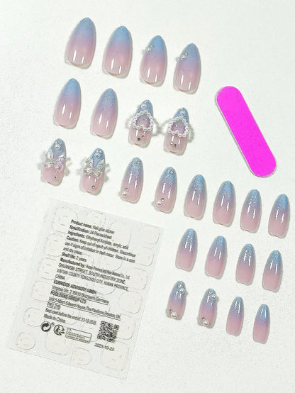 24pcs Set Almond Shaped, Gradient, 3d, Pearl & Heart Shaped, Handmade, Point Drill, Wearable, False Nails For Nail Art shein