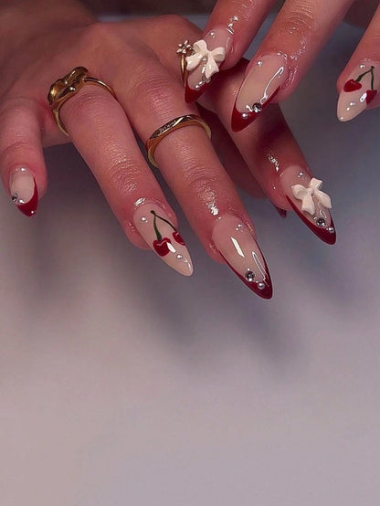 24pcs Set Almond Shaped, Gradient, 3d, Pearl & Heart Shaped, Handmade, Point Drill, Wearable, False Nails For Nail Art shein