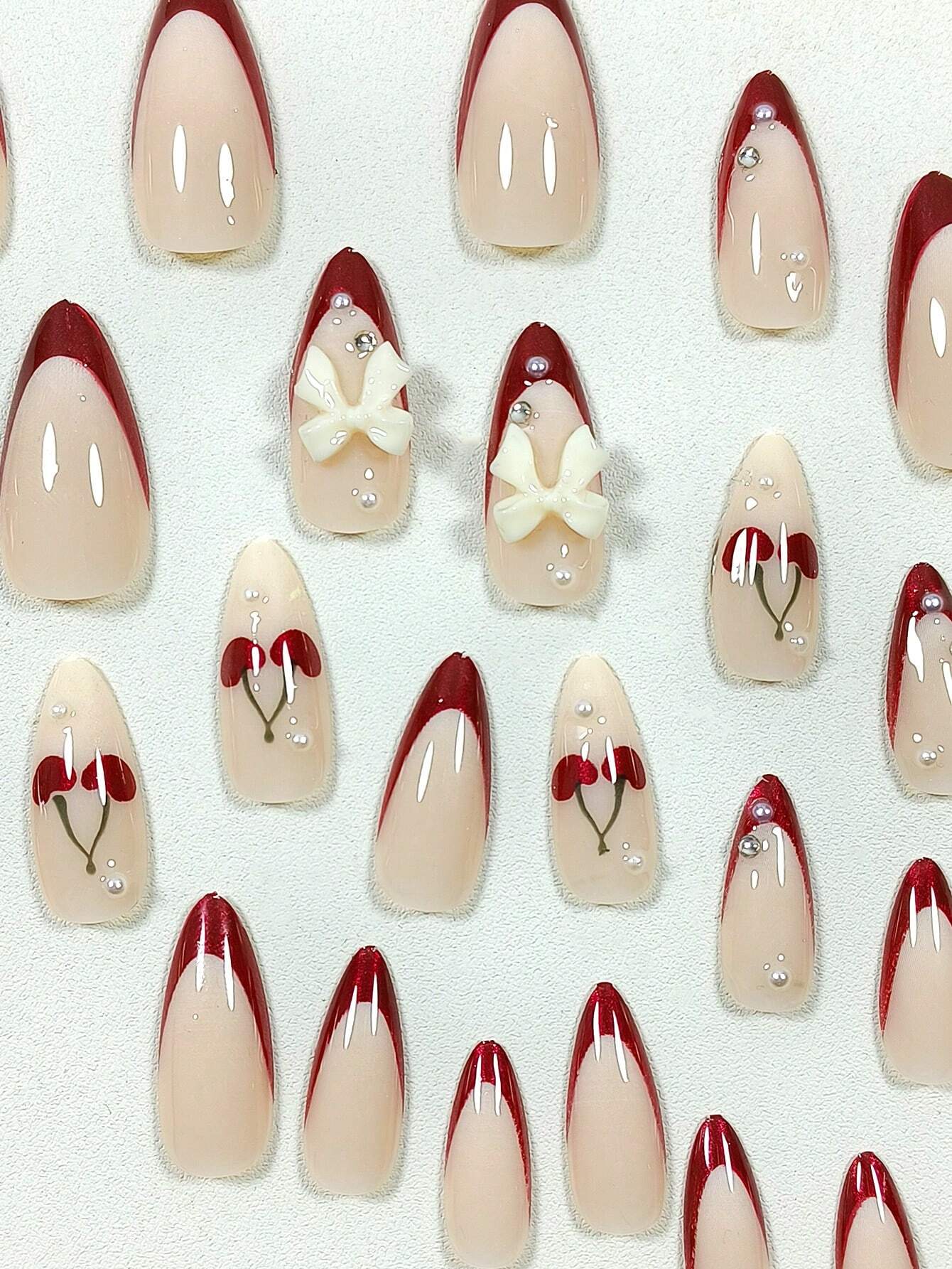 24pcs Set Almond Shaped, Gradient, 3d, Pearl & Heart Shaped, Handmade, Point Drill, Wearable, False Nails For Nail Art shein