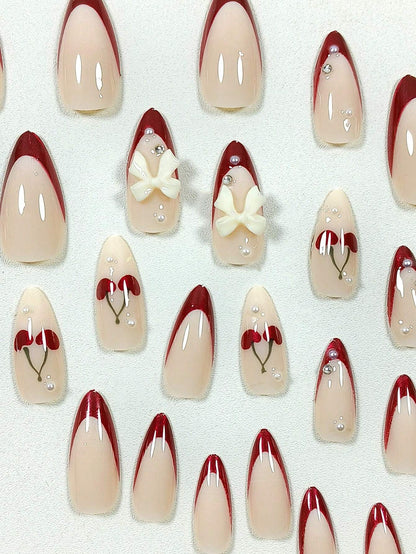 24pcs Set Almond Shaped, Gradient, 3d, Pearl & Heart Shaped, Handmade, Point Drill, Wearable, False Nails For Nail Art shein