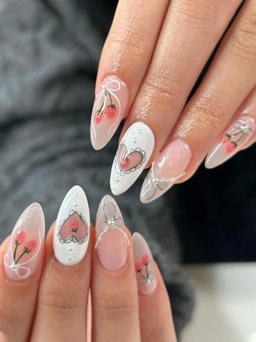 24pcs Set Almond Shaped, Gradient, 3d, Pearl & Heart Shaped, Handmade, Point Drill, Wearable, False Nails For Nail Art shein
