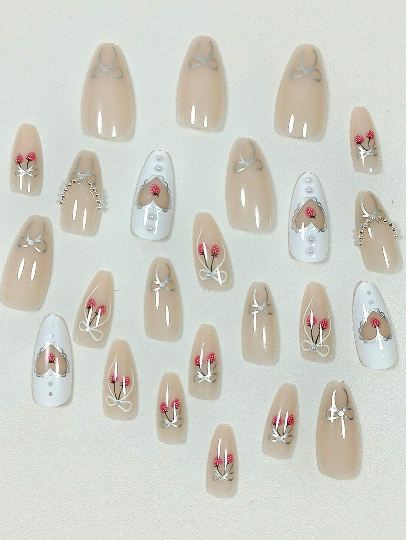 24pcs Set Almond Shaped, Gradient, 3d, Pearl & Heart Shaped, Handmade, Point Drill, Wearable, False Nails For Nail Art shein