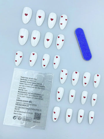 24pcs Set Medium Long Almond Shape Y2K Aesthetic Glossy Red Heart & White Nail Cover Full Nail For Women And Girls shein