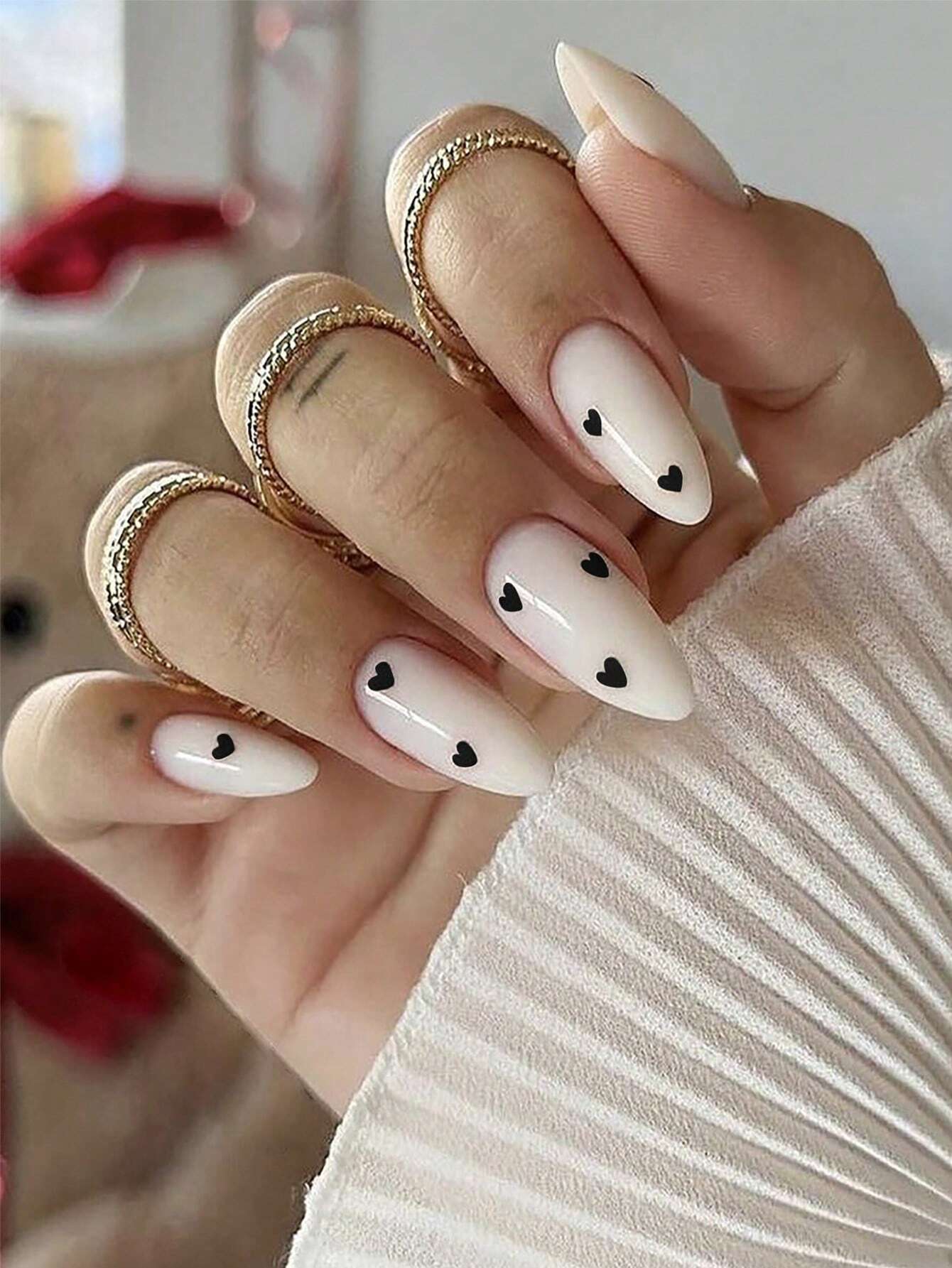 24pcs Set Medium Long Almond Shape Y2K Aesthetic Glossy Red Heart & White Nail Cover Full Nail For Women And Girls shein