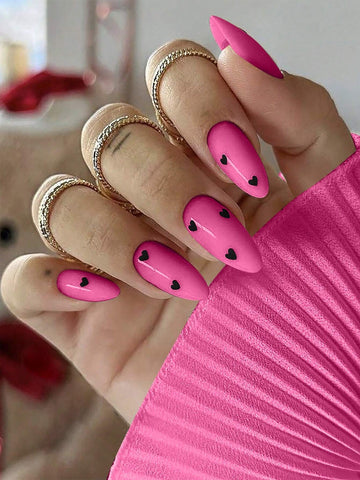 24pcs Set Medium Long Almond Shape Y2K Aesthetic Glossy Red Heart & White Nail Cover Full Nail For Women And Girls shein