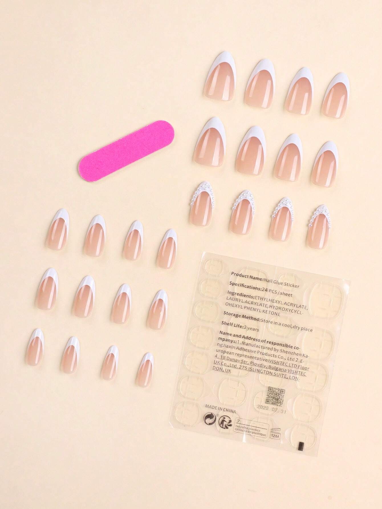 24pcs set Long Stiletto Shaped False Nails With Small Pearls & White Edge French Design shein