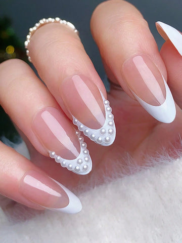 24pcs set Long Stiletto Shaped False Nails With Small Pearls & White Edge French Design shein