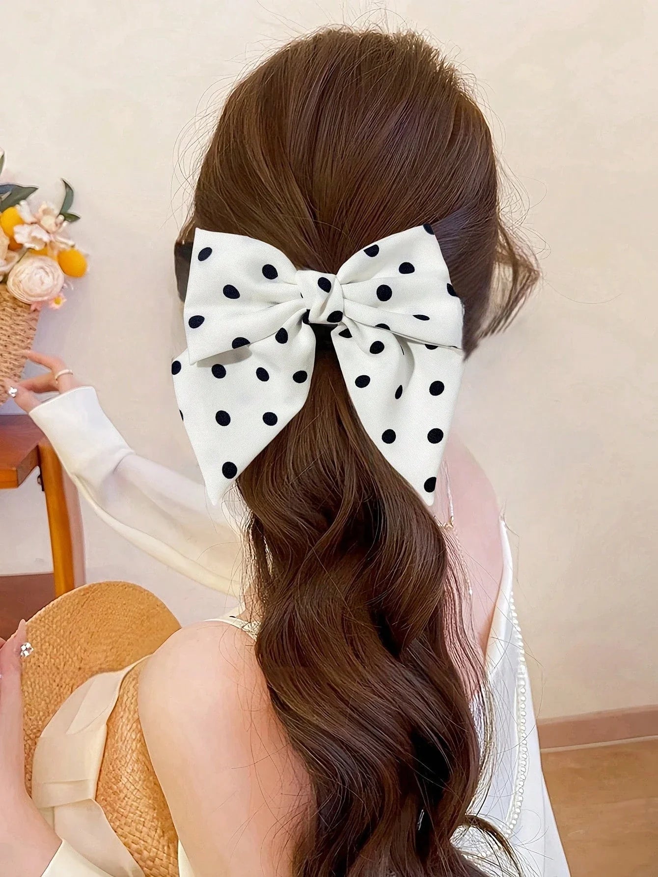 1pc Korean Style Handmade Polka Dot Bow Scrunchie shein