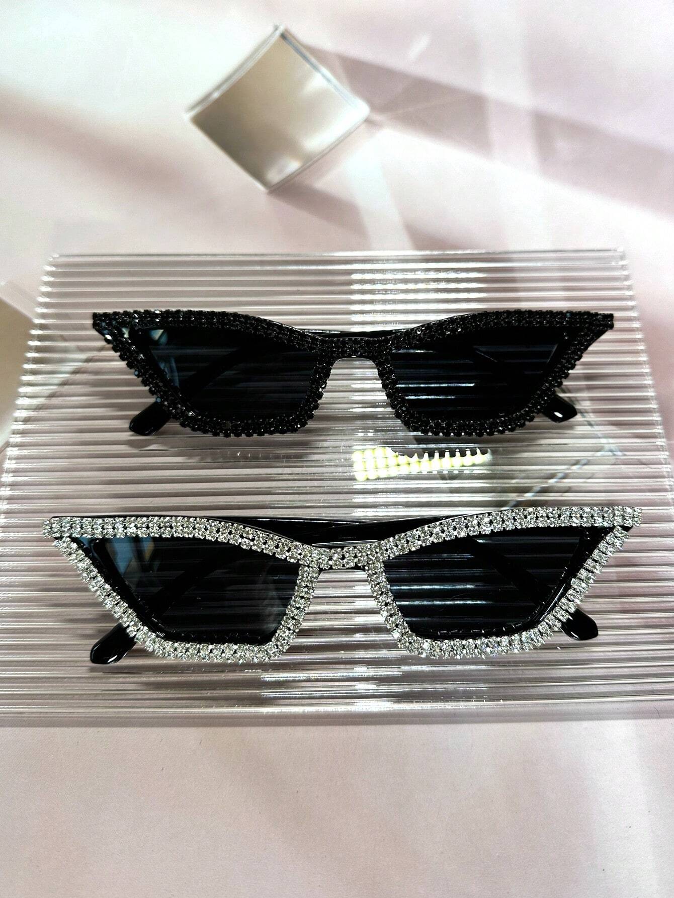 2pcs Women's Diamond Rhinestone & Crystal Decorated Black Frame Y2k Style Party Glasses shein