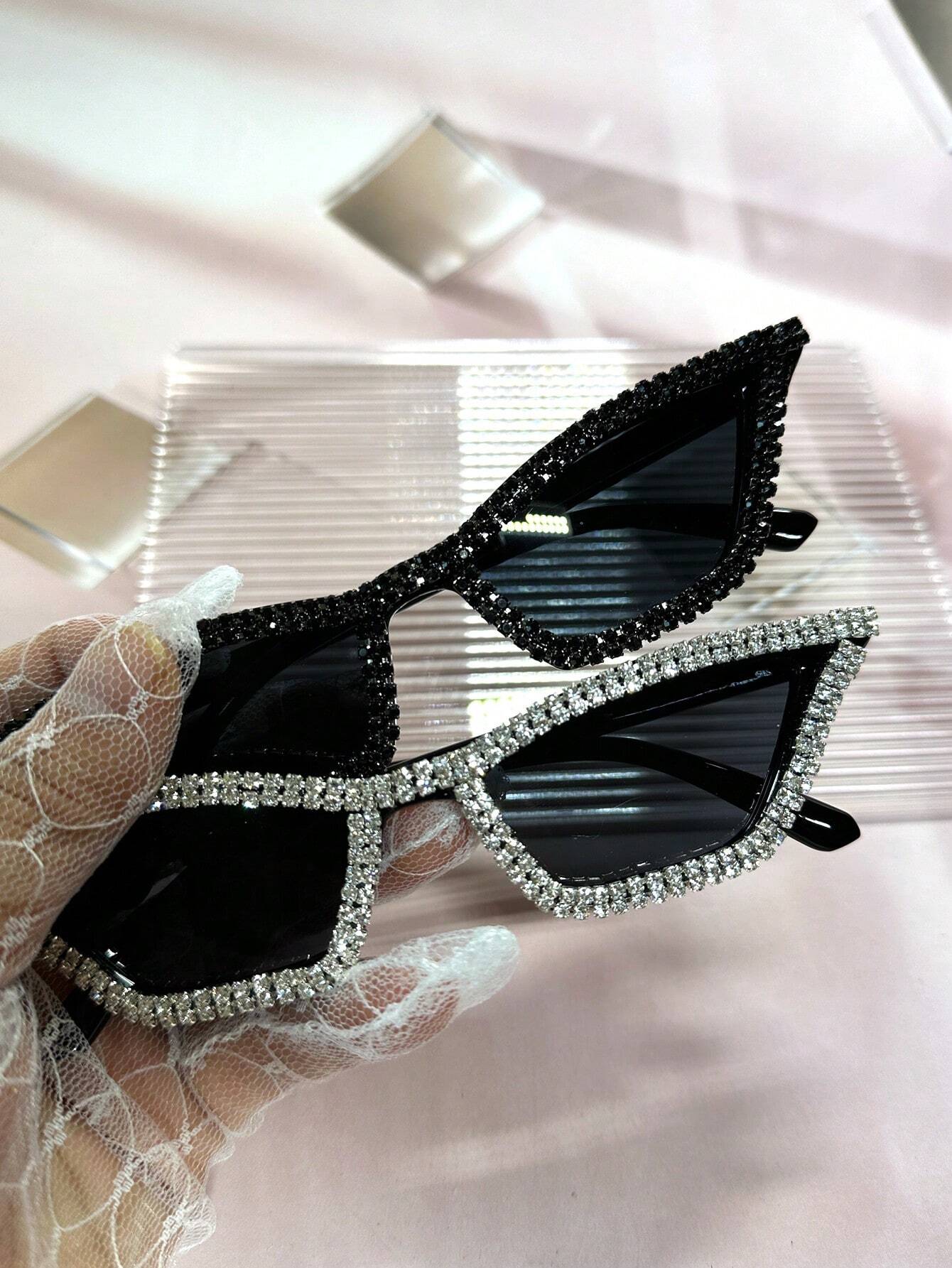 2pcs Women's Diamond Rhinestone & Crystal Decorated Black Frame Y2k Style Party Glasses shein